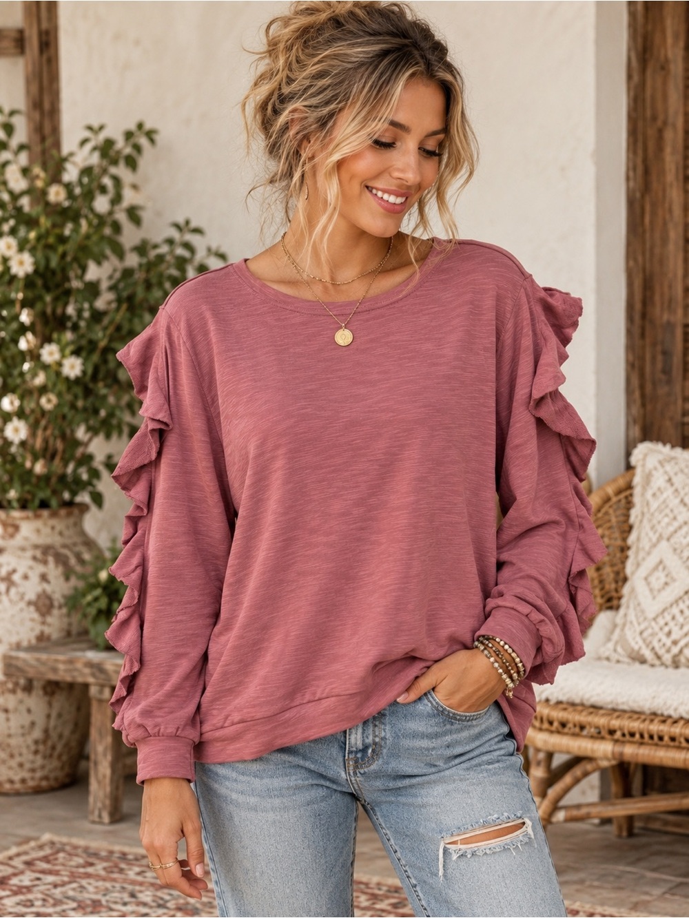 Doe & Rae Mauve Ruffle Sleeve Long Sleeve Boho Boutique Top